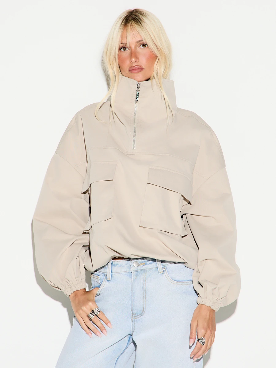 KIZN Oversized Half-Zip Cargo Pocket Jacket With Stand Collar Balloon Sleeves Elasticated Cuffs Fall Winter Outerwear - Khaki - View 1