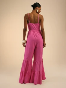 Dancing Leopard Rosa bandeau jumpsuit med vida ben, avtagbar axelrem och rynkade ben, semesteroutfit - Skrikrosa - Visa 2