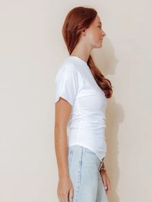 Pimkie Edition Blusa minimalista para mujer con cintura plisada y bajo asimétrico, estilo business - Blanco - Ver 4