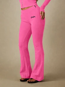 Missguided x Playboy Script Embroidered Flare Leg Trousers Mid Rise Elasticated Waistband Bell Bottom Casual Lounge Pants - Hot Pink - View 5
