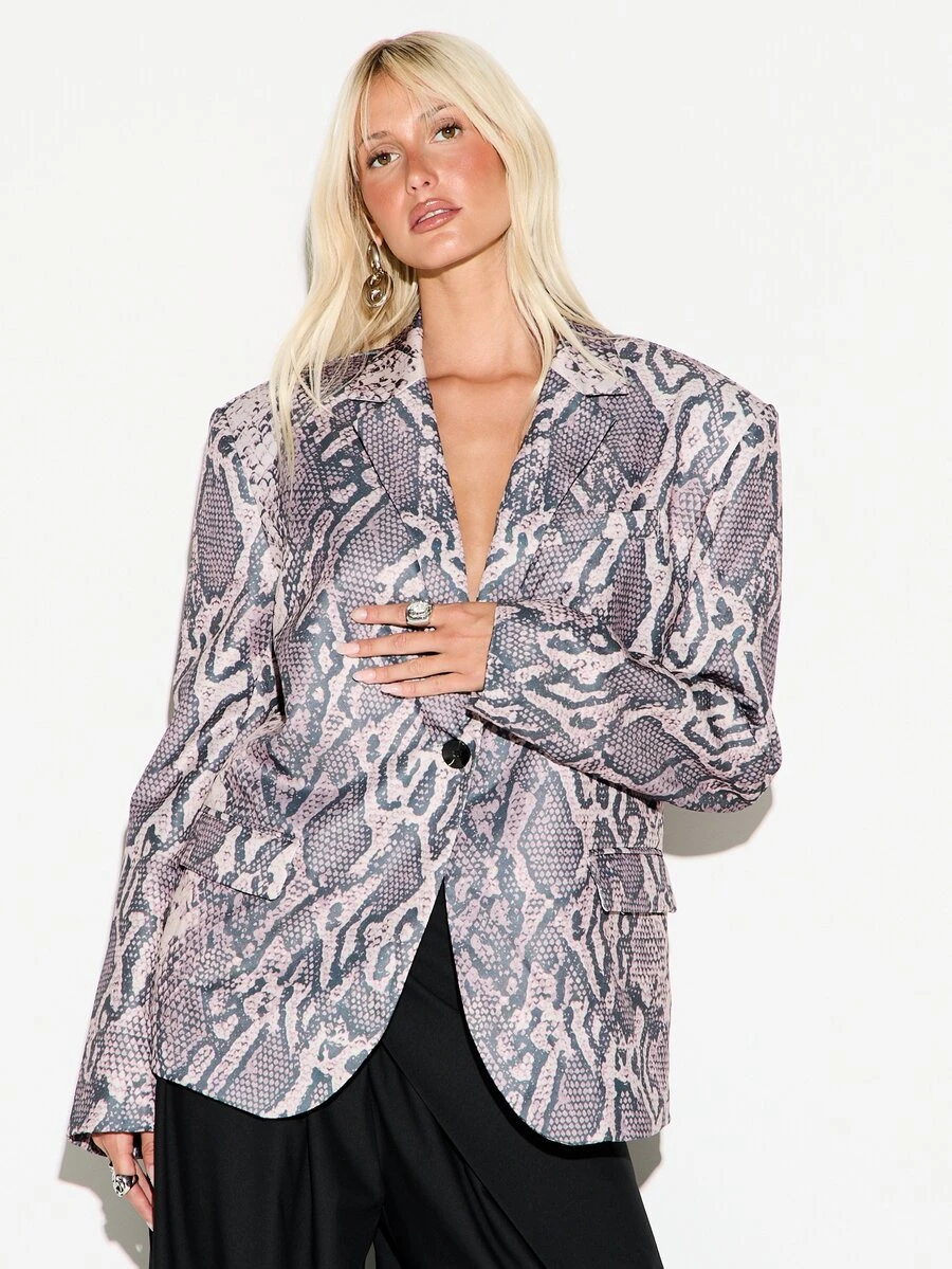 KIZN Snake Print Satin Blazer Single Button Lapel Collar Hip Length Jacket Welt Pockets Elegant Evening Party Style - Brown - View 1