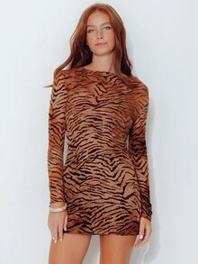 Pimkie Edition Women's Zebra Print Long Sleeve Fitted Fashion Dress - Brown - View 1