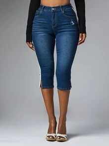 BABYPHAT Capri Denim Jeans With Side Stripe Detail, Logo Embroidery, High Rise Fit And Side Hem Slits - Dark Wash - View 1