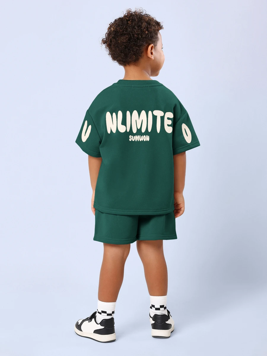 SUMWON Oversized Crew Neck Short Sleeve Tee And Drawstring Shorts Co-Ord Set With Back Graphic Print And Logo Badge Detail - Dark Green - View 1