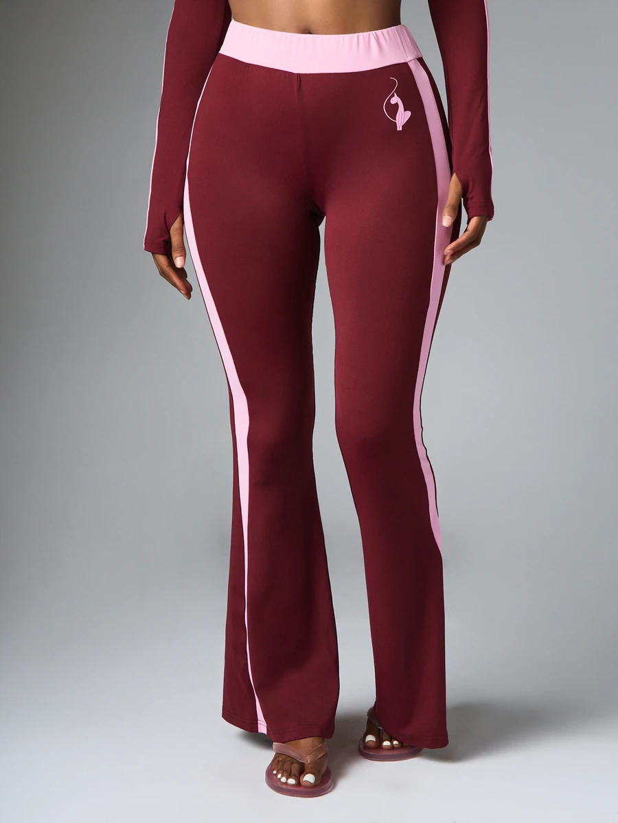 BABYPHAT Flared Leggings With Contrast Pink Side Stripe High Rise Full Length Logo Print Bum Detail Retro Y2K Style - Hot Pink - View 1