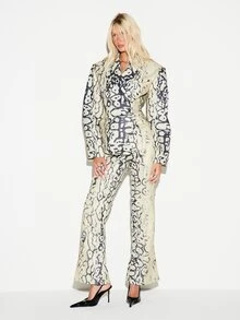 KIZN Snake Print Full Length Flared Dress Pants With Back Split Hem Low Rise Fitted Silhouette Party Night Out Spring Summer - Multicolor - View 5