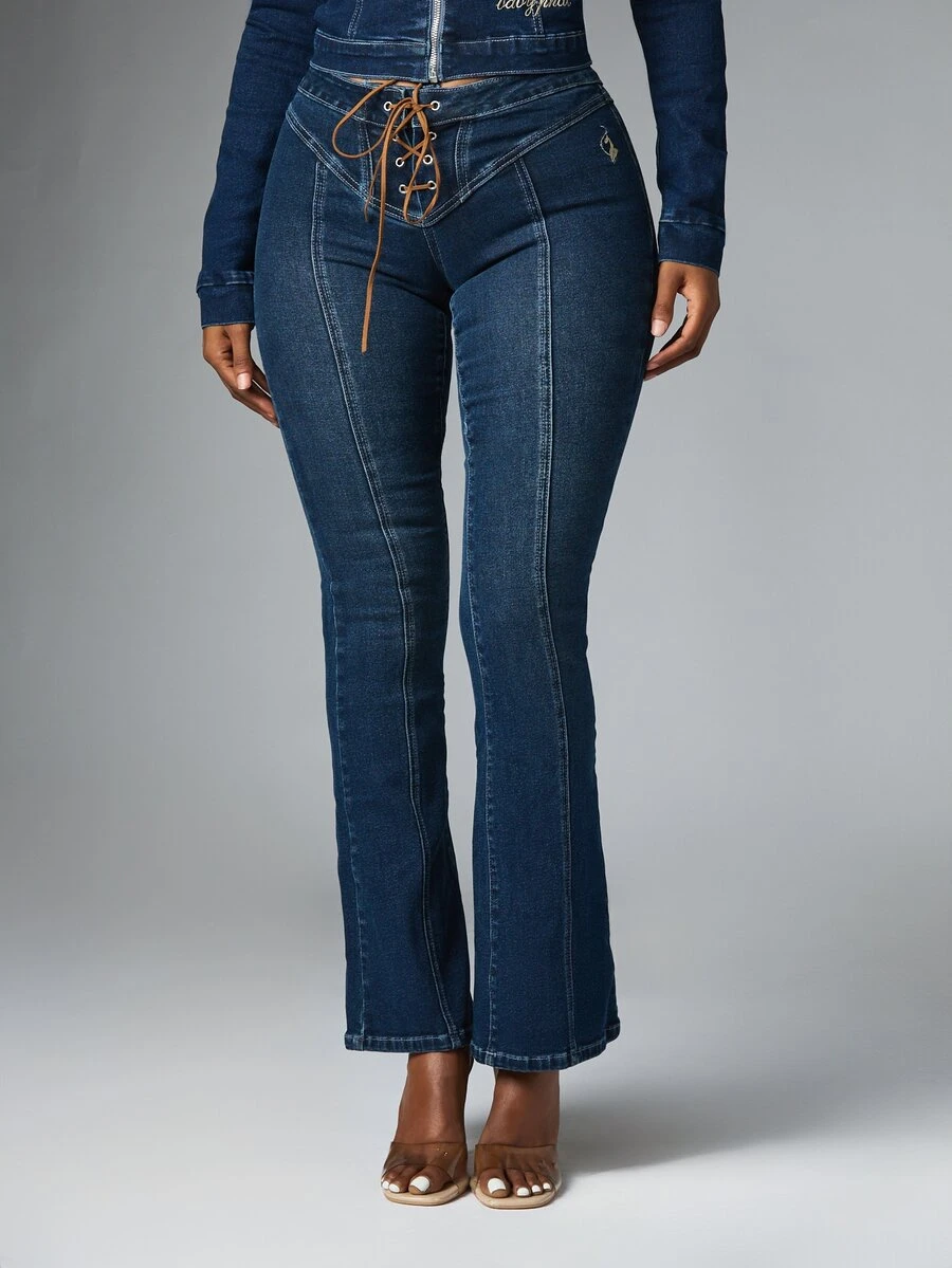 BABYPHAT Dark Wash Flared Jeans With Lace-Up Front Detail, Seam Paneling, Gold Cat Embroidery And Patch Pockets - Royal Blue - View 1
