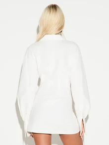 KIZN Oversized Shirt Mini Dress With Corset Lace-Up Waist Detail Collared Long Sleeve Boxy Silhouette Party Night Out - White - View 2