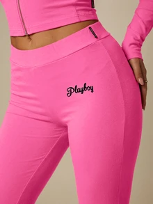 Missguided x Playboy Script Embroidered Flare Leg Trousers Mid Rise Elasticated Waistband Bell Bottom Casual Lounge Pants - Hot Pink - View 4