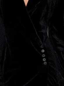 KIZN Velvet Deep V-Neck Blazer With Structured Shoulders Button Closure And Ruched Silhouette Perfect For Holiday Party Evening Events - Black - View 5