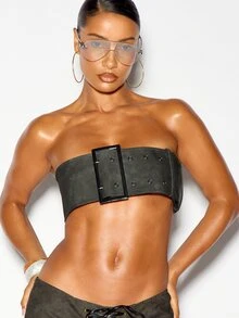 SUMWON WOMEN Faux Suede Strapless Bandeau Crop Top With Oversized Square Buckle Detail And Metal Eyelet Closure Festival Summer Style - Dark Grey - View 5
