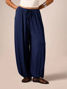 AiiRZ Flowy Wide Leg Harem Pants With Drawstring Elastic Waist Balloon Silhouette Summer Holiday Casual Trousers - Navy Blue - View 1