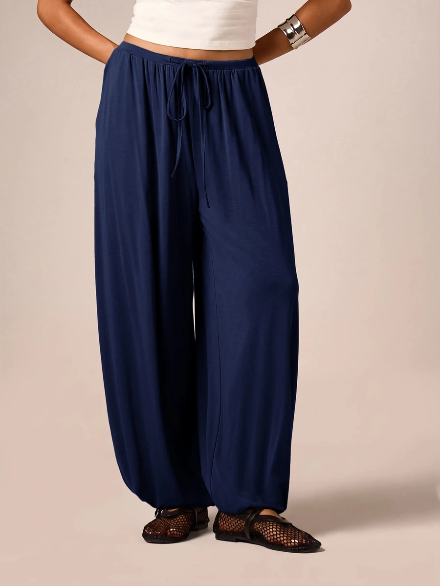 AiiRZ Flowy Wide Leg Harem Pants With Drawstring Elastic Waist Balloon Silhouette Summer Holiday Casual Trousers - Navy Blue - View 1