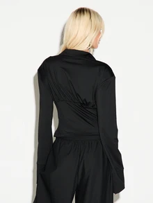 KIZN Deep V-Neck Collared Satin Crop Blouse With Ruched Wrap Detail And Long Fitted Sleeves Perfect For Night Out Or Party Season - Black - View 2