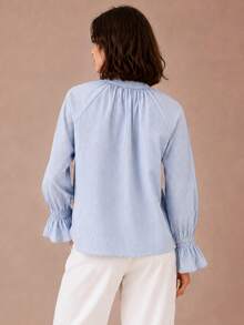 Zerodot Women Blue Striped Tie-Neck Blouse Shirt Office Casual Spring Fall Pre Fall - Baby Blue - View 2