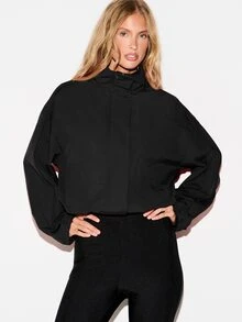 KIZN Jaket Windbreaker Pendek dengan Kerah Tinggi dan Resleting, Potongan Longgar, Lengan Panjang, Ringan, Jaket Luar untuk Musim Gugur dan Musim Dingin - Hitam - View 1