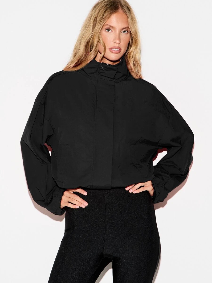 KIZN Jaket Windbreaker Pendek dengan Kerah Tinggi dan Resleting, Potongan Longgar, Lengan Panjang, Ringan, Jaket Luar untuk Musim Gugur dan Musim Dingin - Hitam - View 1