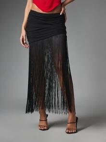 MISSGUIDED Ruched Bodycon Skirt With Long Fringe Hem Detail Low Rise Asymmetric Festival Party Night Out Style - Black - View 1
