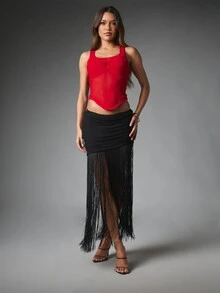 MISSGUIDED Tank top crop jala tanpa lengan dengan leher bulat dan detail racerback, cocok untuk pesta malam musim panas dan festival. - Merah - View 3