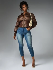 BABYPHAT Celana Jeans Skinny Pendek Berpinggang Tinggi dengan Saku Belakang Bordir, Denim Warna Medium Wash, Sempurna untuk Gaya Kasual Sehari-hari di Musim Gugur dan Musim Dingin - Medium Wash - View 5