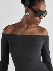 KSTM Off-Shoulder Long Sleeve Fitted Knit Top With Draped Back Detail - Elegant Evening And Holiday Party Essential - Dark Grey - View 4