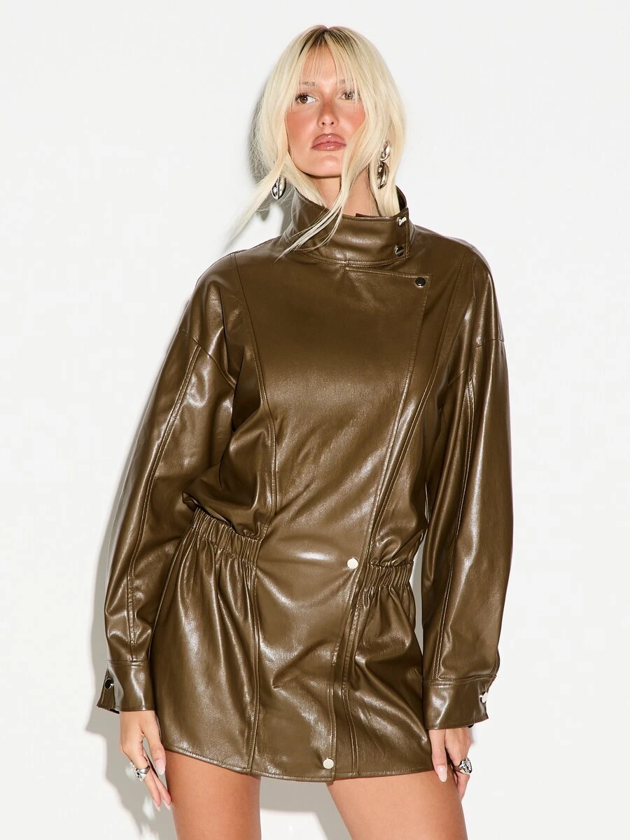 KIZN Faux Leather Mini Dress High Neck Long Sleeve Elastic Waist Snap Button Detail Shift Silhouette Fall Winter Party Night Out - Dark Brown - View 1