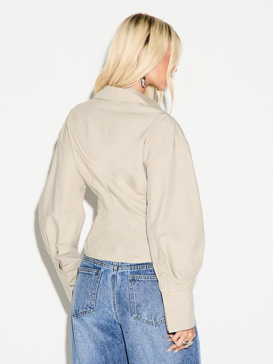 KIZN Collared Crop Shirt With Corset Lace-Up Detail