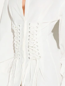 KIZN Oversized Shirt Mini Dress With Corset Lace-Up Waist Detail Collared Long Sleeve Boxy Silhouette Party Night Out - White - View 5