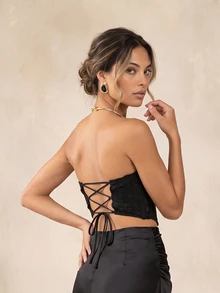 QUIZ Black Lace Strapless Corset Crop Top And Lace Up Back, Corset Top, Lace Top, Black Top, Crop Top, Cute Tops, Tops For Women, Elegant Formal Event Top, Special Occasion Top, Weekend Out Top - Black - View 6
