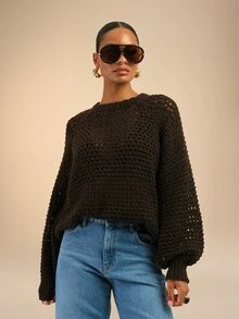 Dancing Leopard Brown Open Knit Oversized Sweater, Autumn Winter Boho Knitwear - Brown - View 1
