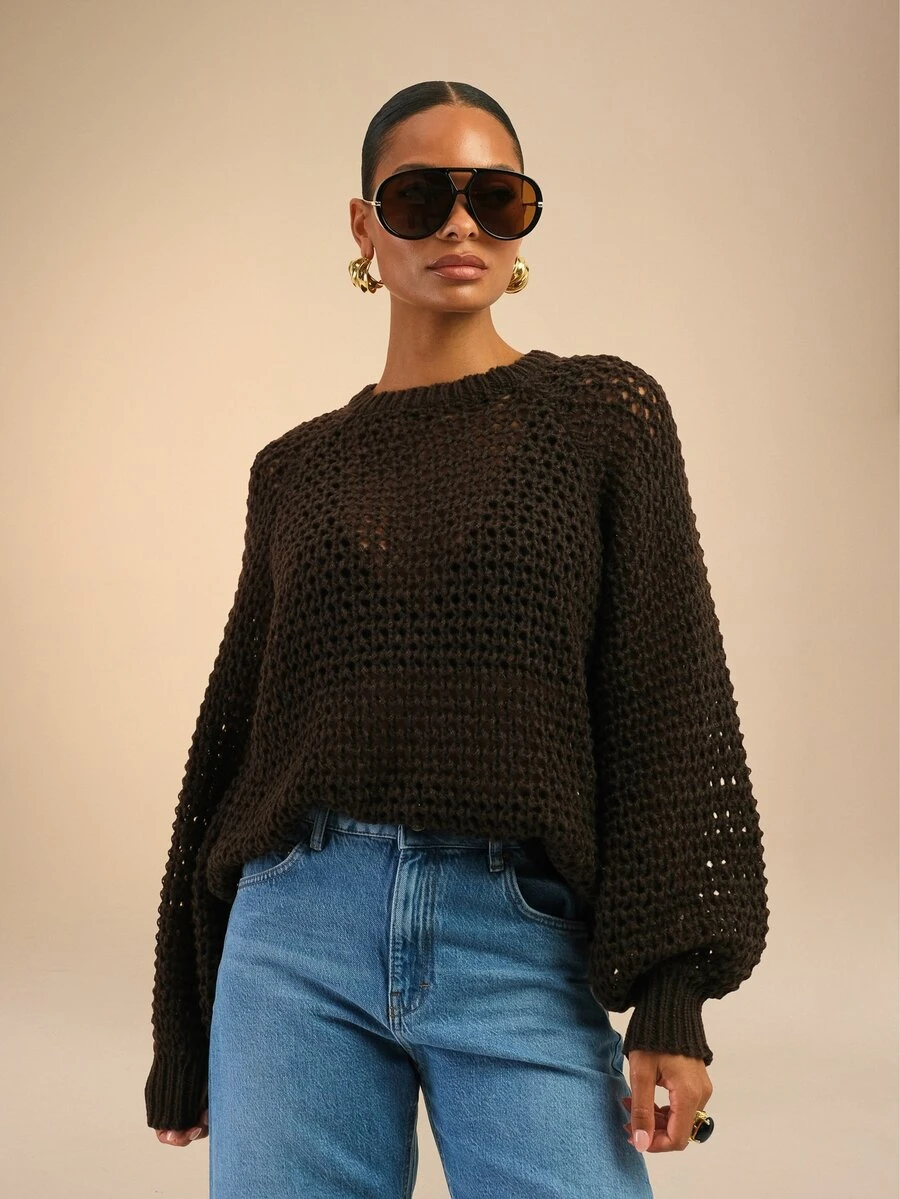 Dancing Leopard Brown Open Knit Oversized Sweater, Autumn Winter Boho Knitwear - Brown - View 1