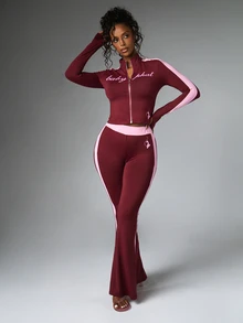 BABYPHAT Flared Leggings With Contrast Pink Side Stripe High Rise Full Length Logo Print Bum Detail Retro Y2K Style - Hot Pink - View 5