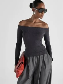 KSTM Off-Shoulder Long Sleeve Fitted Knit Top With Draped Back Detail - Elegant Evening And Holiday Party Essential - Dark Grey - View 1