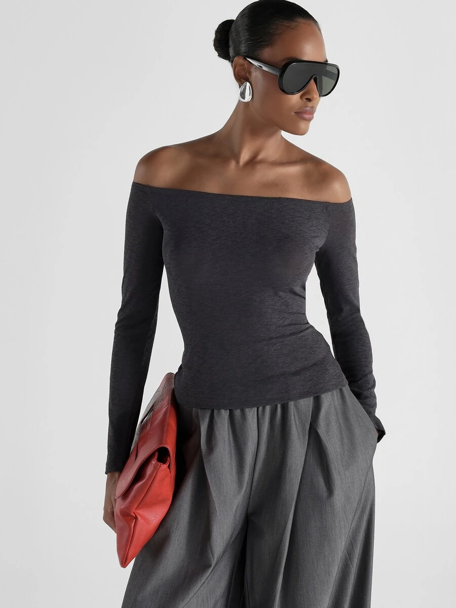 KSTM Off-Shoulder Long Sleeve Fitted Knit Top With Draped Back Detail - Elegant Evening And Holiday Party Essential - Dark Grey - View 1
