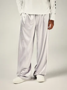 PLAYBOY X SUMWON Bunny Logo Wide Leg Satin Track Pants With Contrast Side Stripe Full Length Elastic Waist - Grey - View 2