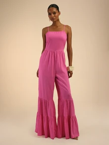 Dancing Leopard Rosa bandeau jumpsuit med vida ben, avtagbar axelrem och rynkade ben, semesteroutfit - Skrikrosa - Visa 5