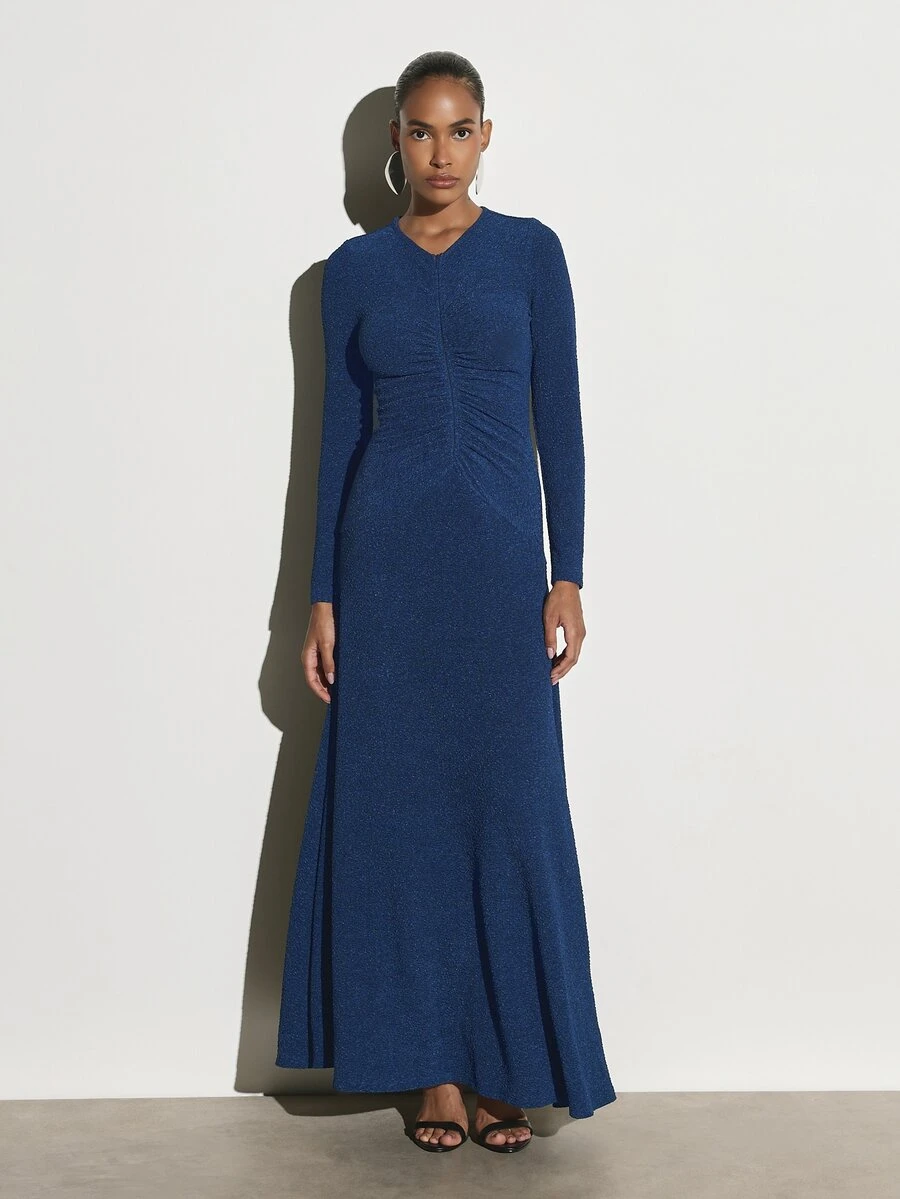 KSTM Sparkle Lurex Knit Maxi Gown With V-Neck Long Sleeves Ruched Waist Mermaid Silhouette For Evening Formal Events Holiday Party - Navy Blue - View 1