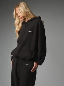 MISSGUIDED Oversized Full-Zip Fleece Sweatshirt With Logo Detail Long Sleeve Cozy Winter Essential - Black - View 4