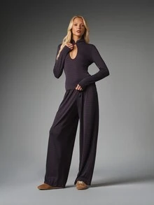 MISSGUIDED Striped Co-Ord Set High Neck Cut-Out Long Sleeve Crop Top And Wide Leg Drawstring Pants Two Pieces Outfit Fall Winter - Multicolor - View 3