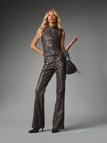 MISSGUIDED Faux Leather Flared Bootcut Pants With Silver Snap Buttons Washed Finish High Waist Full Length Trousers Fall Winter - Black - View 2