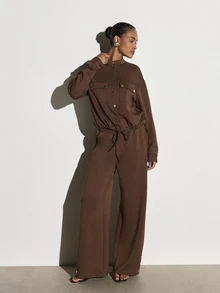 KSTM Wide Leg Casual Pants With Elastic Drawstring Waist And Gold Snap Button Hem Detail Full Length Relaxed Fit Chocolate Brown Trousers - Coffee Brown - View 2
