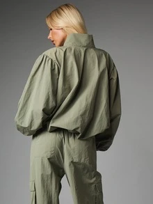 MISSGUIDED Oversized Half-Zip High Neck Blouse With Dramatic Puff Sleeves And Elasticated Cuffs In Crinkle Nylon Fabric - Army Green - View 2