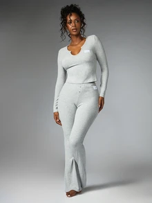 BABYPHAT Ribbed Knit Crop Long Sleeve Top With Notch Neckline Fitted Silhouette Cozy Loungewear Essential For Fall Winter Everyday Casual Wear - Grey - View 3