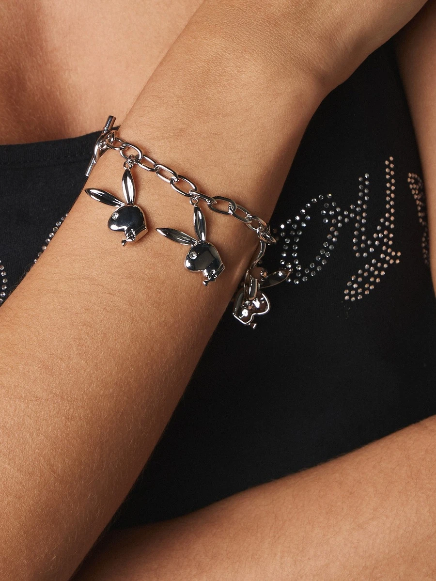 Missguided x Playboy Bunny Charm Bracelet Silver Chain Link Jewelry Statement Piece Party Holiday Gift Festive Accessory - Silver - View 1