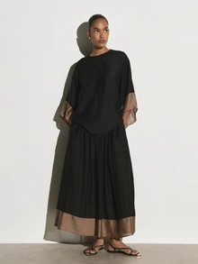 KSTM Maxi Gathered Skirt With Contrast Satin Hem Border High Rise Elastic Waist Flowy Full Length Skirt Summer Holiday Party - Black - View 1