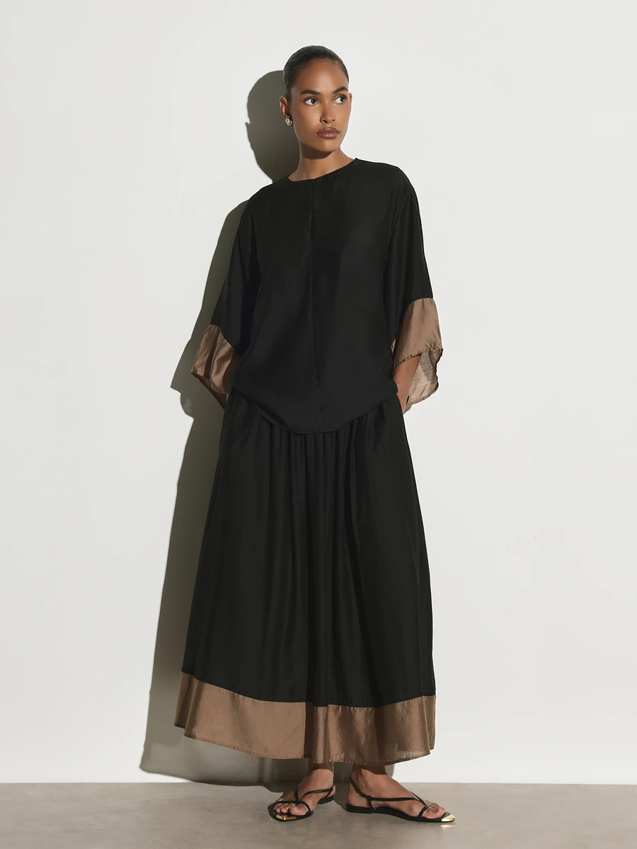 KSTM Maxi Gathered Skirt With Contrast Satin Hem Border High Rise Elastic Waist Flowy Full Length Skirt Summer Holiday Party - Black - View 1