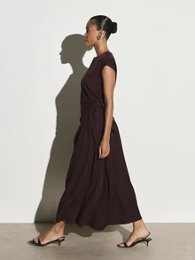 KSTM Cap Sleeve Pleated Maxi Dress With Tie Waist Belt Crew Neck A-Line Flowy Skirt Fall Winter Elegant Evening Occasion Dress - Coffee Brown - View 5