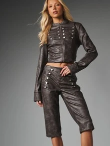 MISSGUIDED Distressed Faux Leather Bermuda Shorts With Silver Military Buttons Mid Rise Fitted Knee Length Cuffed Hem Fall Winter Style - Black - View 4