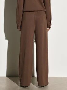 KSTM Wide Leg Casual Pants With Elastic Drawstring Waist And Gold Snap Button Hem Detail Full Length Relaxed Fit Chocolate Brown Trousers - Coffee Brown - View 4