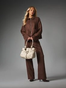 MISSGUIDED Oversized Faux Suede Collared Zip-Up Jacket With Patch Pockets And Boxy Long Sleeves Fall Winter Outerwear - Coffee Brown - View 3